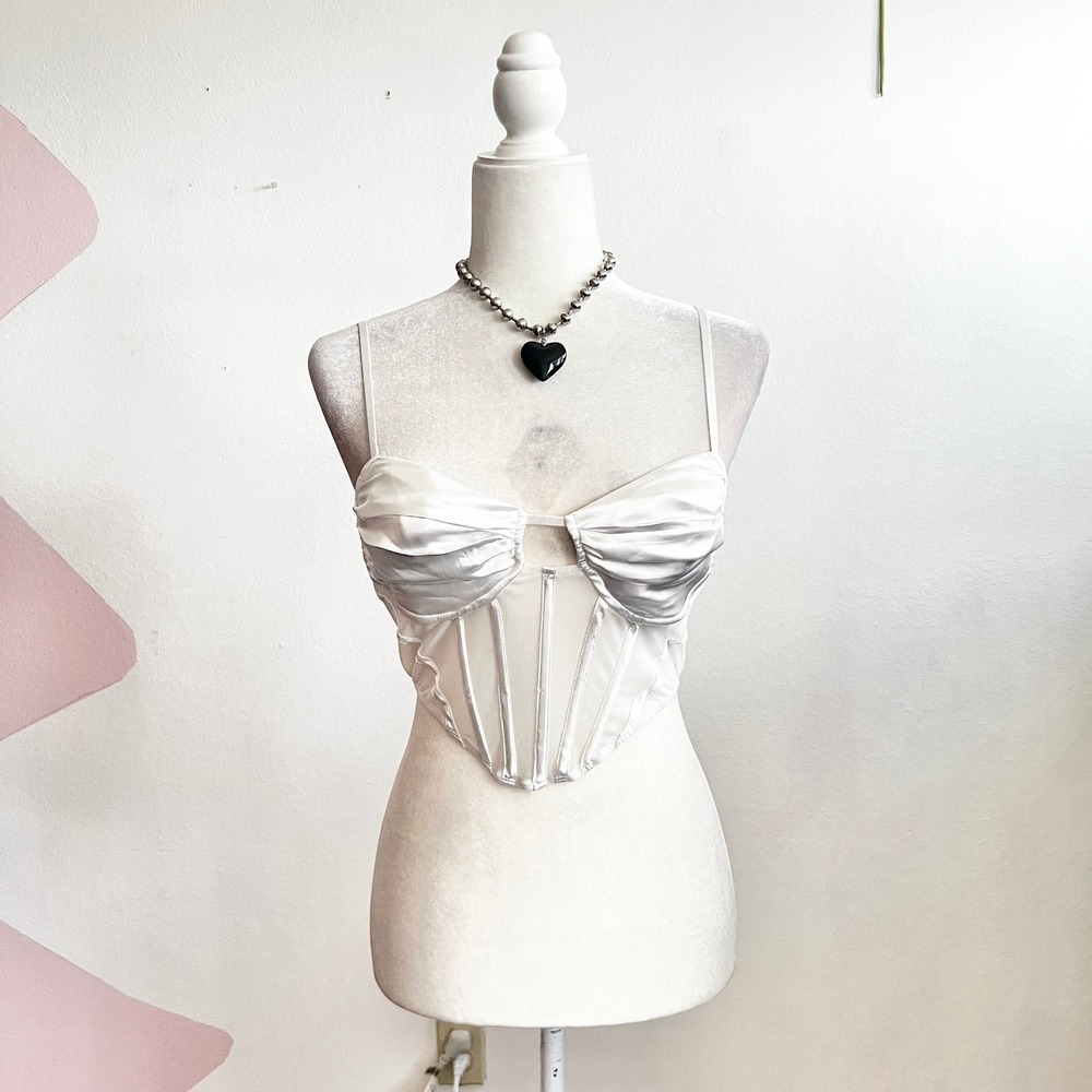 White Satin‎ Corset Bridal Top Romantic Bride Vintage Inspired Glam Medium